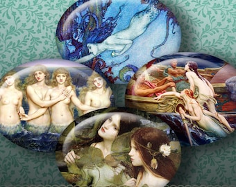 VINTAGE MERMAIDS 40x30 mm Horizontal Ovals digital printable collage sheet for pendants, magnets, bezel cabs