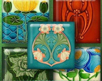 Könnte beinhalten: Ein Set aus sechs antiken Keramikfliesen mit Blumendesigns. Die Fliesen zeigen eine Vielzahl von Farben, darunter Blau, Grün, Gelb, Orange und Weiß. Die Designs sind aufwendig und detailliert, und die Fliesen wären eine schöne Ergänzung für jedes Zuhause.