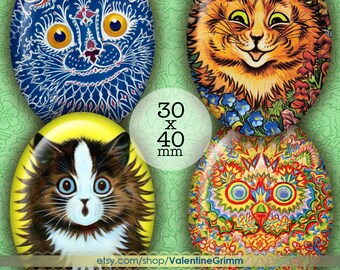 magnets LOUIS WAIN CATS 1 Circles digital printable collage sheet for jewelry crafts