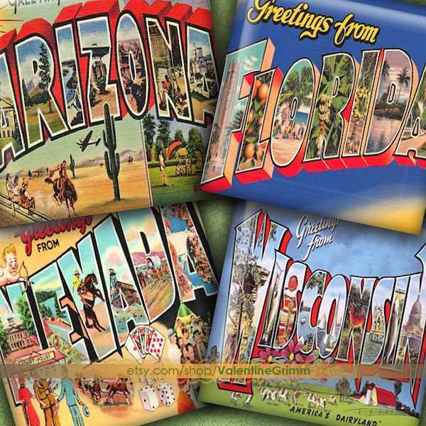 LARGE LETTER POSTCARDS 1" Squares...High-quality, ready to use images...all 50 states