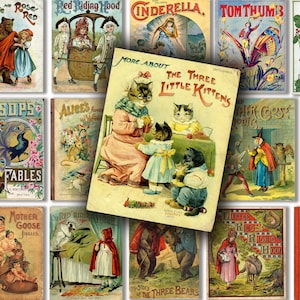 May include: A collection of vintage children's book covers. Titles include "Red Riding Hood," "Cinderella," and "The Three Little Kittens." The covers feature colorful illustrations and classic fairytale themes, with text in various fonts.
