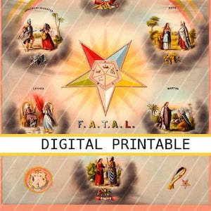 Puede incluir: Una ilustración vintage de una estrella de cinco puntas con las palabras "F.A.T.A.L." impresas debajo. La estrella está rodeada de escenas de la historia bíblica de los Reyes Magos, con un texto que dice "He visto su estrella en el este, y he venido a adorarlo."