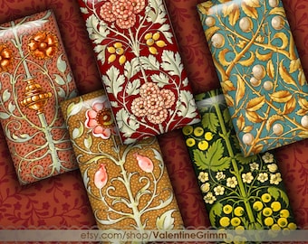 May include: Five rectangular tiles featuring intricate floral patterns. The tiles are decorated with a range of colours, including red, green, blue, and gold. The designs are reminiscent of the Art Nouveau style.