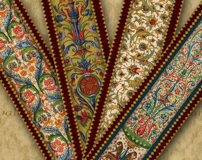 Puede incluir: Cuatro tiras de tela con diferentes patrones con intrincados dise&ntilde;os florales en tonos rojos, azules, verdes y amarillos. Las tiras de tela est&aacute;n dispuestas en forma de V sobre un fondo marr&oacute;n.