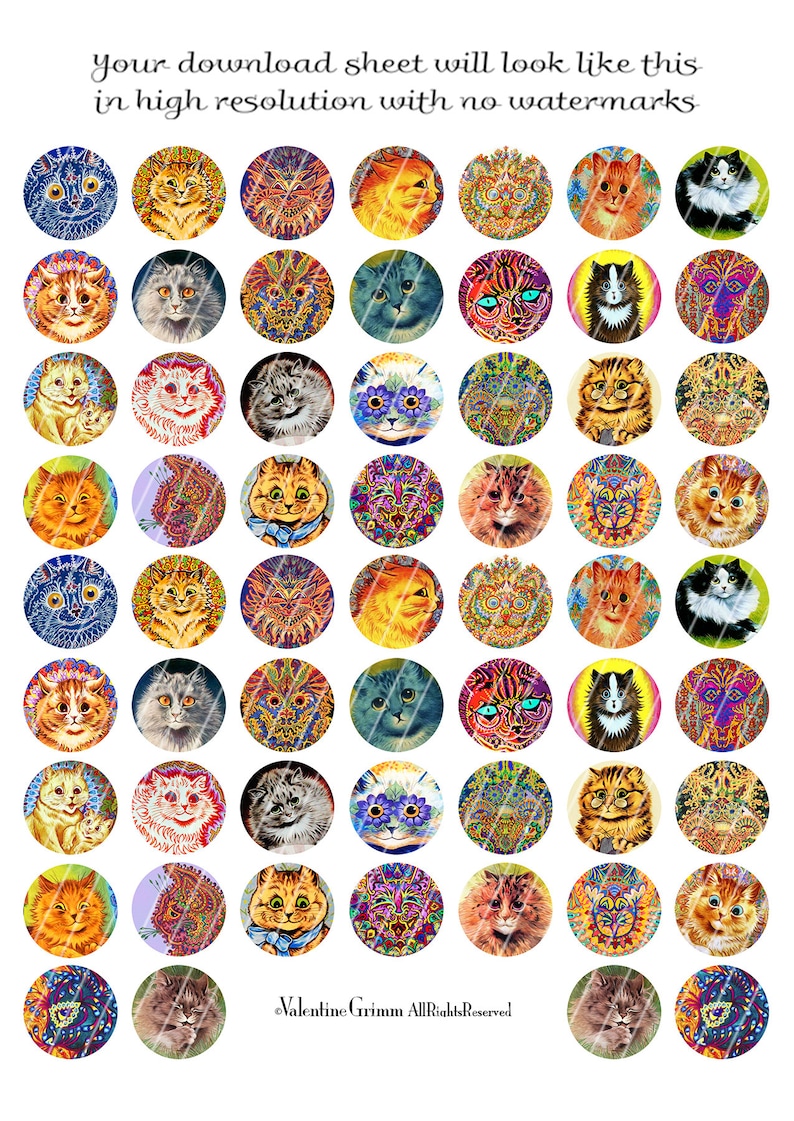 magnets LOUIS WAIN CATS 1 Circles digital printable collage sheet for jewelry crafts