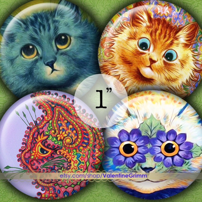 magnets LOUIS WAIN CATS 1 Circles digital printable collage sheet for jewelry crafts