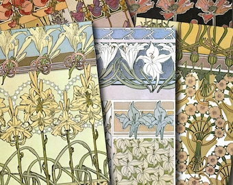 May include: A collage of vintage floral patterns featuring lilies, poppies, and other flowers in shades of yellow, blue, pink, and green. The patterns are arranged in a grid-like format, creating a visually appealing and intricate design.