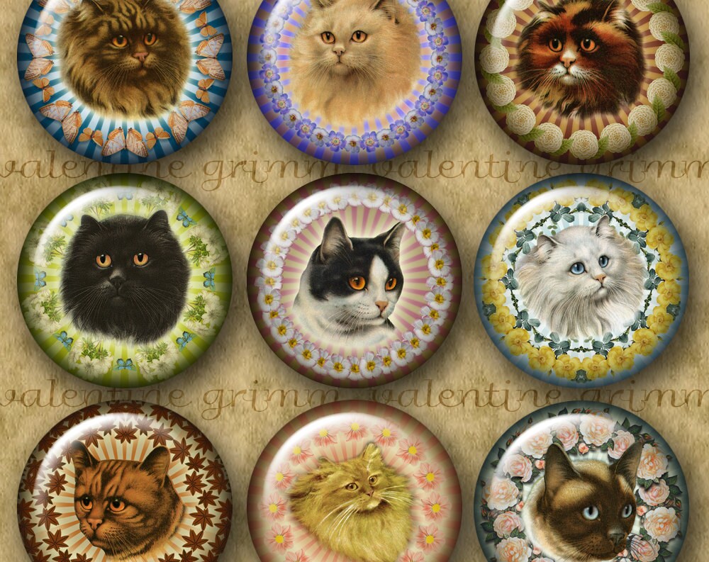 magnets LOUIS WAIN CATS 1 Circles digital printable collage sheet for jewelry crafts