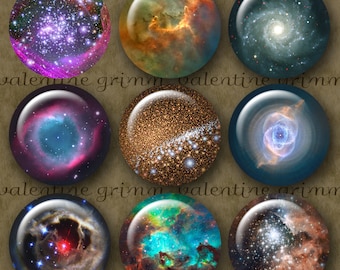 May include: Nine round, colourful, glass cabochons with images of galaxies and nebulae. The cabochons are arranged in three rows of three. The background is a brown, textured surface.