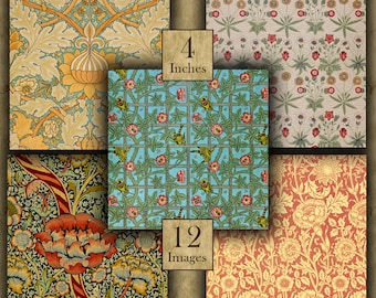 May include: A set of 12 digital paper designs featuring vintage floral patterns in shades of red, yellow, green, and blue. The papers are 4 inches square and ideal for scrapbooking, card making, and other craft projects.