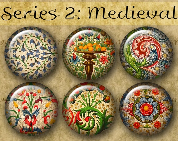 MEDIEVAL ILLUMINATIONS 1 Circles Digital Printable Collage Sheet for Jewelry,  Magnets, Crafts 