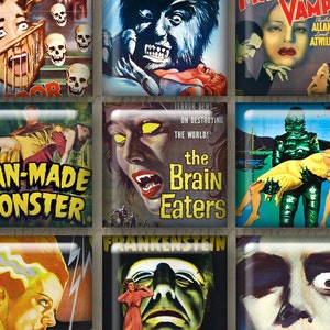 May include: A collage of nine vintage horror movie posters featuring classic monsters such as Frankenstein, Dracula, and the Creature from the Black Lagoon. The posters are in various colours and feature dramatic imagery and text.