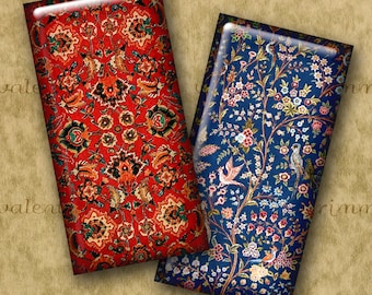 May include: Two close-up images of traditional Persian rugs. The first rug is red with a floral pattern. The second rug is blue with a floral pattern and birds.
