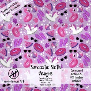 Pastel Pool Party Seamless Digital Paper with Commercial License, Unicorn Flamingo & Donut floaty clipart Inner tube Cute Summer Pattern