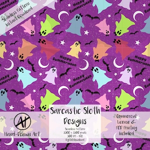 Summerween Digital Paper with Commercial License, Coquette Ghost Moons Bats Stars Seamless Pattern