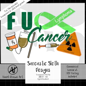 Può includere: Design digitale con le parole "FU Cancer" in verde, insieme a illustrazioni mediche come un flacone di pillole, una sacca per flebo e una siringa. Un nastro verde recita "Linfoma". Un cartello di avvertimento arancione mostra un simbolo di radiazione.