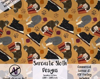 Bookish Cats Digital Paper with Commercial License, Reading Books Library Bookstore Kitten Feline Cozy Book Lover Smut Seamless Pattern