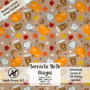 Fall Digital Paper with Commercial License Pumpkin Spice Latte Coffee Cafe Leaves Hearts Design Mocha Espresso Cappuccino Seamless Pattern