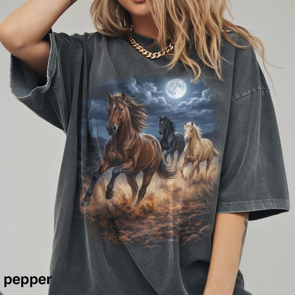 Wild Horses Moon Shirt, Comfort Colors® Western Running Horses Graphic Tee, Vintage Night Desert Nature Top, Ranch Gift