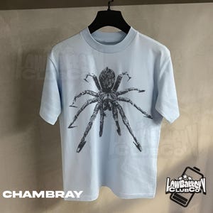 May include: Light blue t-shirt with a large black spider graphic. The shirt has short sleeves and a crew neck. The word "CHAMBRAY" is printed in white block letters at the bottom left.