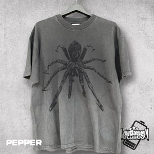 May include: Pepper-colored t-shirt with a large, detailed black spider graphic. The shirt is hanging on a black hanger against a gray background. The text "PEPPER" is at the bottom left.