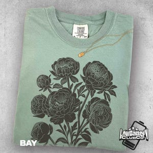 Linocut Flower Comfort Colors® Vintage Style Shirt, Retro Block Print Peonies Tee, Ranunculus Stamp Shirt, Cottagecore Botanical Top