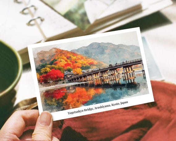 渡月橋（京都・嵐山）水彩ポスター｜日本の紅葉風景｜デジタル