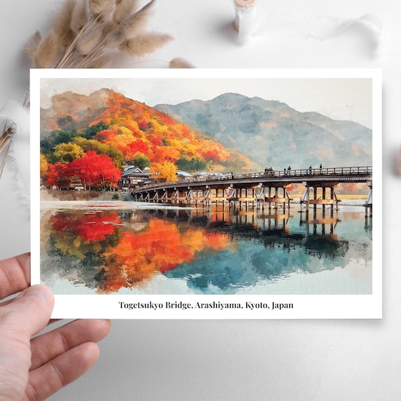 渡月橋（京都・嵐山）水彩ポスター｜日本の紅葉風景｜デジタル
