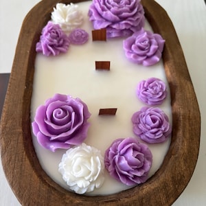 Hand Carved Dough Bowl Candle with Roses, 3 Wood Wicks (10x6x2.5)
