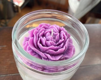 Hand-poured Wax Candle with Peony Topper, 22 oz Glass Jar