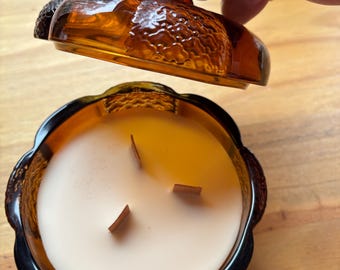 Glass Pumpkin Candle with Lid, 3 Wood Wicks, Pumpkin Spice Scent (4.5" Wide)
