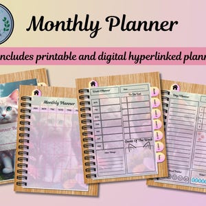 May include: Four printable planner pages with a woodgrain background. Each page features a different planner layout, including a monthly planner, weekly planner, daily planner, and a to-do list. The pages are decorated with a cat illustration and pink and yellow accents.