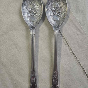 Könnte beinhalten: Ein silbernes Servierlöffel- und Gabel-Set. Die Löffel- und Gabelköpfe weisen ein detailliertes geprägtes Design aus Trauben und Blättern auf. Die Griffe haben ein verziertes, dekoratives Muster. Das Set wird auf einer neutralfarbenen Oberfläche präsentiert.