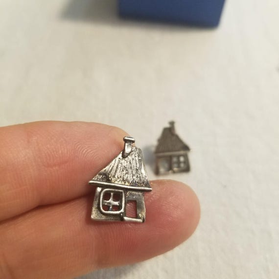 Vintage Silverplate House Stud Earrings Tiny Cottage Earrings Cozy Home Jewelry Gift