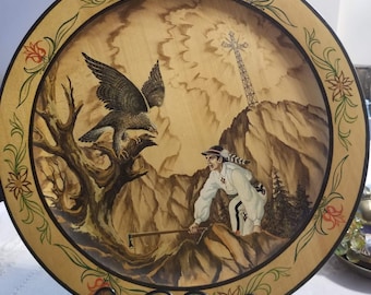 Large Antique Polish Folk Art Wooden Wall Plate Zakopane Highlander Eagle Giewont 15"