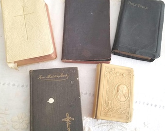 Antique Religious Books Collection – Celluloid Prayer Book, Oxford Hymnal, KJV Bible. Price for each.