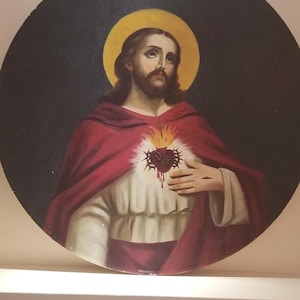 Jezus Vintage olieverfschilderij op mdf-plaat, cirkel