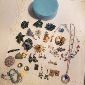 Op de afbeelding: Een verzameling vintage sieraden, waaronder broches, oorbellen, kettingen en ringen, in verschillende kleuren en ontwerpen. Er is ook een lichtblauwe sieradendoos aanwezig. De sieraden hebben bloemen-, dieren- en abstracte motieven.