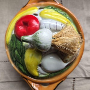 Vintage Signed Arias Mexican Majolica Pottery Lidded Dish, 3D Figural Vegetable Lid with Natural Fiber, Mid-Century Folk Art, 6"