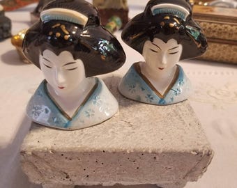 Pair Vintage Japanese Geisha Porcelain Potpourri Holders Japan Floral Scent Diffusers Decorative Bust Figurines