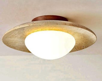 Travertine Stone & Opaline Glass Design Ceiling Light - Modern and Minimalist Style