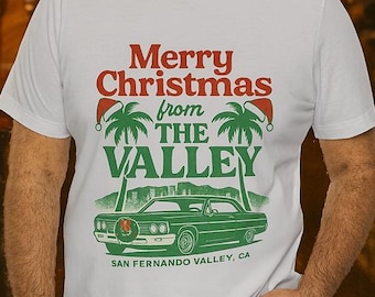 Retro San Fernando Valley Christmas Tee: Classic Car & Palm Trees