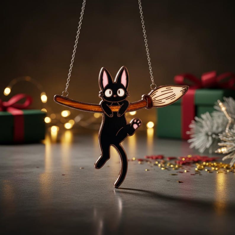 May include: A black cat pendant with a broom design. The cat has large white eyes and pink accents on its ears and paws. The broom is brown with a light beige brush. The pendant hangs from a silver chain. The background has blurred lights and gift boxes.