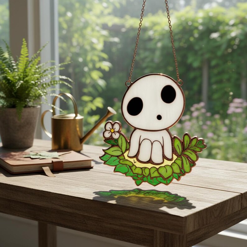 以下が含まれることがあります： 大きな黒い目を持つ白い精霊のキャラクターが、緑の葉と黄色のベースの上に座っているステンドグラスのサンキャッチャー。銅のチェーンで吊り下げられており、左側に小さな白い花があります。