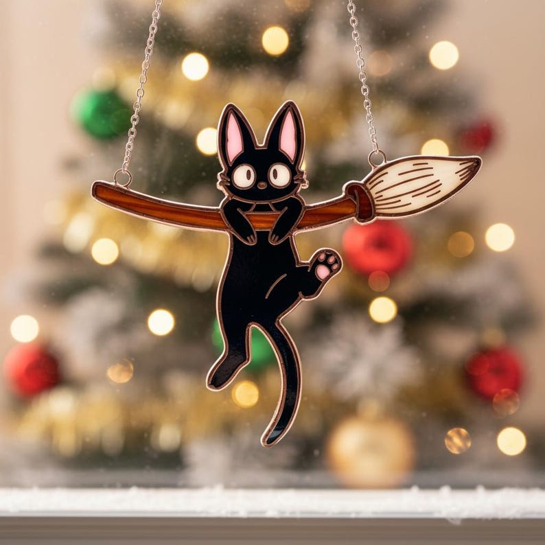 May include: A black cat ornament with pink ears and a white face, hanging from a silver chain. The cat is holding onto a brown broom with a white brush. The background is blurred with Christmas tree lights and ornaments.