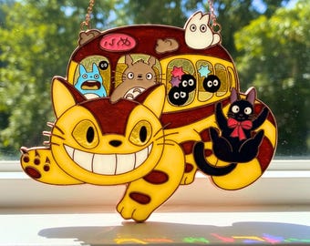 Mi vecino To/t.o.ro Gatobús Atrapasueños de imitación vidriera / Arte para colgar en la ventana de anime de Studio Ghibli / Decoración de regalo de Jiji