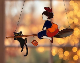 Girl Witch Broom Suncatcher, Anime Inspired Acrylic Ornament, Ji-ji Cat Witch Broom Home Decor