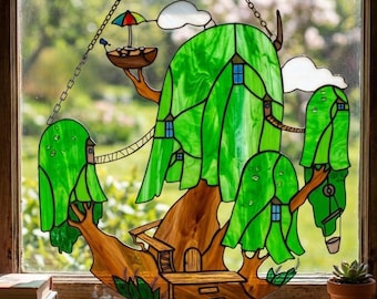 Acchiappasole in resina a forma di casetta sull'albero, ispirato al fantastico Adventure Time, decorazione per finestre ispirata alla natura.