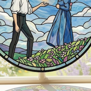 May include: Stained glass window featuring two figures in a landscape with a blue sky and clouds. One figure is wearing a white shirt and dark pants, the other a blue dress. The scene includes flowers and a black border.