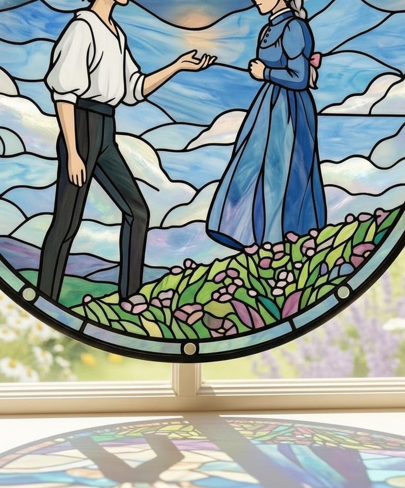 May include: Stained glass window featuring two figures in a landscape with a blue sky and clouds. One figure is wearing a white shirt and dark pants, the other a blue dress. The scene includes flowers and a black border.